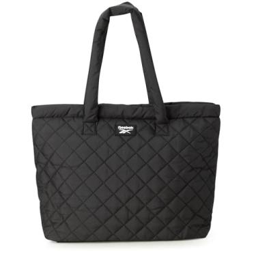 Imagem de Reebok Sacola feminina para academia – Bolsa de mão leve para mulheres – Bolsa de ombro esportiva casual com fecho de zíper, Preto acolchoado com logotipo branco, One Size