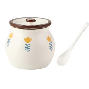 Imagem de auons Recipiente de cerâmica para sal e açúcar, potes de condimento de porcelana com tampa e colher, tigela de tempero, pote de armazenamento de sal e açúcar, 400 ml, flor amarela
