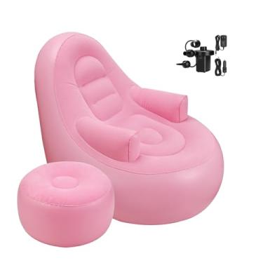 Imagem de KAERMU Sofá inflável com apoio de braço, espreguiçadeira inflável com bomba, cadeira de ar dobrável para adultos, sofá preguiçoso inflável perfeito para quartos, acampamento ou casa (rosa)
