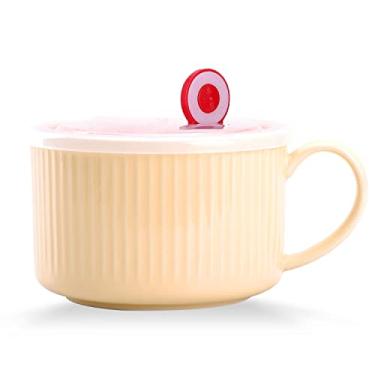 Imagem de WHJY Tigela de cerâmica de 850 g com tampa e alça para sopa e caneca de sopa de macarrão instantâneo, estilo simples moderno, com alça de preservação de calor - amarelo