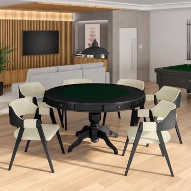 Imagem de Conjunto Mesa de Jogos Carteado Bellagio Tampo Reversível e 6 Cadeiras Madeira Poker Base Estrela PU OffWhite/Preto G42 - Gran Belo