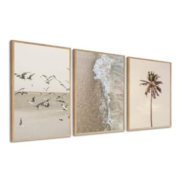 Imagem de Quadro Decorativo Mar passaros coqueiro sala quarto com Moldura vidro (Moldura Branca, 60x80, Sem Vidro)