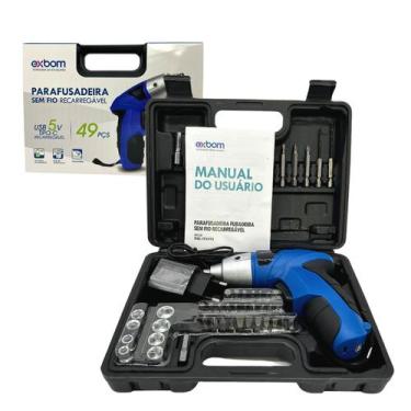 Imagem de Parafusadeira Sem Fio Recarregável Estojo Maleta 49 Peças - Exbom