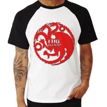 Imagem de Camiseta Raglan Fire and Blood Targaryen - Foca na Moda, Branco, Preto