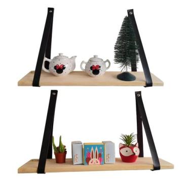 Imagem de Prateleira em Madeira Com alça de Couro Suporte de Parede.  kit 2unida