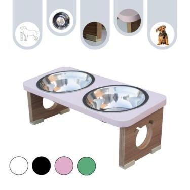 Imagem de Comedouro Cachorro Pet MDF Elevado Duplo Colors Rose - Inox - Maderacc
