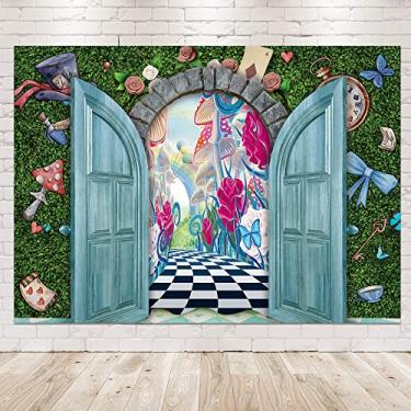 Imagem de Newsely Wonderland Pano de fundo de chá verde cerca 7Lx5H fotografia Fairyland Dreamland Porta de madeira fundo de planta para chá de bebê recém-nascido decorações de festa infantil banner cabine de fotos adereços suprimentos