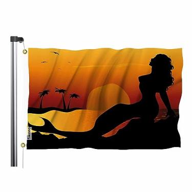 Imagem de Swono Bandeira de mulher sereia 3x5 pés rochas peixe pássaros palmeira mar pôr do sol praia bandeira dupla face costura dupla com ilhós de latão