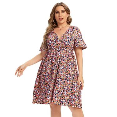 Imagem de KOJOOIN Vestido feminino plus size floral de verão, casual, gola V, evasê, com babados e cinto, Pinkf*kj, XXG