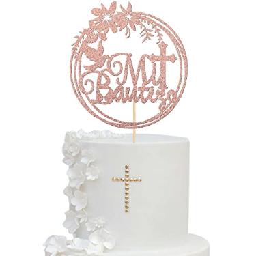 Imagem de Rsstarxi 1 Pack Spanish Mi Bautizo Cake Topper Glitter Dove Cross First Holy Communion Baptism Cake Picks Decorations for Religious God Bless Baby Shower Kids Birthday Party Supplies Rose Gold