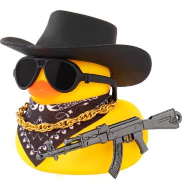 Imagem de wonuu Black Cool Rubber Duck Car Ornaments Duck Car Dashboard Decorations for Car Accessories with Cowboy Hat Necklace and Sunglasses, AK47