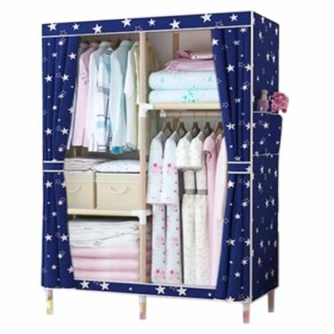 Imagem de Guarda-roupa Armário de guarda-roupa resistente dobrável grosso madeira maciça montado oxford pano único tecido dormitório aluguel pano guarda-roupa armário
