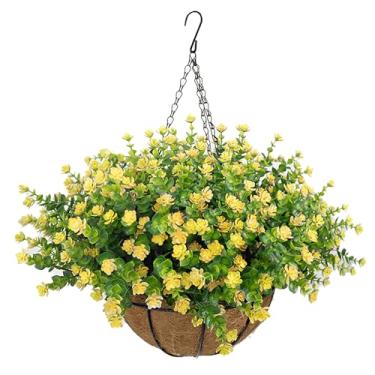 Imagem de NETAP Cesta de flores artificiais para decoração de primavera e verão ao ar livre, flores falsas parecem realmente resistentes a UV, plantas falsas penduradas para varanda, varanda, pátio, jardim,
