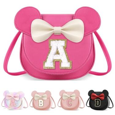 Imagem de XSUIOY Bolsa infantil para meninas, presente de aniversário para crianças, bolsa infantil com inicial personalizada, lindo laço de orelha, presente de menina, Grande-rosado-branco, A