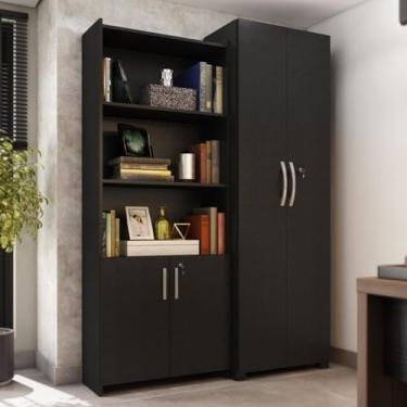 Imagem de Kit Armários para Escritório Semi Aberto 2 Portas e Armário Alto com Chave Preto Tx