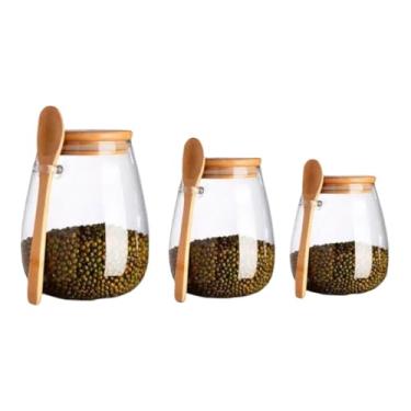Imagem de Kit 3 Pote De Vidro Hermético Tampa De Bambu 500ml/750ml/950ml Com Colher De Bambu(Kit bambu+500ml+750ml+950ml)
