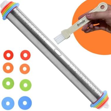 Imagem de Kit Rolo De Massa Ajustável Inox com Anéis Nivelador e Pincel Culinári