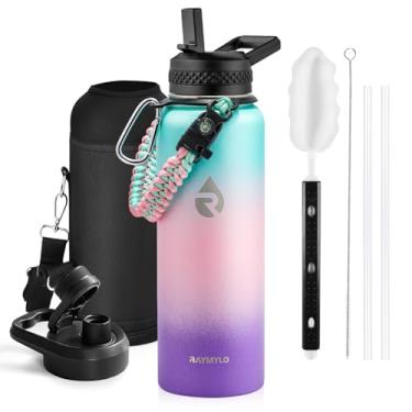 Imagem de Garrafa térmica de água RAYMYLO moderna, aço inoxidável, parede tripla isolada a vácuo (fria por 48 h), antivazamento, sem BPA, alça paracord, tampa de bico/canudo, 1,2 L, azul/rosa/roxa (Hydrangea)