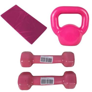 Imagem de Kit Colchonete Rosa + Par de Halter Sextavado Rosa 1Kg + Kettlebell Ro