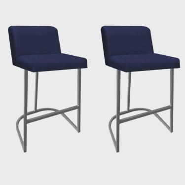 Imagem de Kit 02 Banquetas Com Encosto Noah Luxo Confort Bistrô Cozinha Ferro Cinza Suede Azul Marinho - Ahazzo Móveis