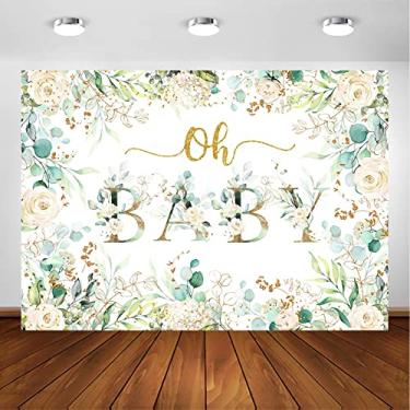 Imagem de Avezano Greenery Oh Pano de fundo de bebê para decoração de chá de bebê verde e dourado Eucalipto branco floral para chá de bebê fundo fotografia sessão de fotos para festa de bebê menina (2,1 x 1,5 m)