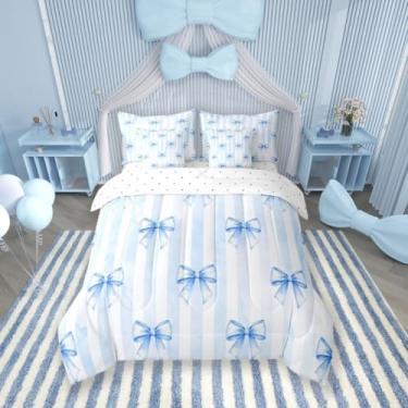 Imagem de Conjunto de cama de 7 peças, com laço azul, tamanho Queen, listras, geométricas, patchwork, princesa, lindo, chique (edredom + lençol + 2 fronhas + 2 capas de travesseiro)