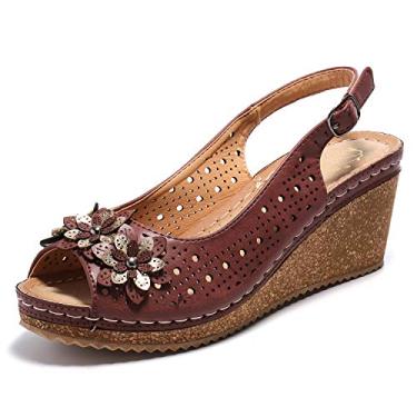 Imagem de Sandália plataforma plataforma plataforma com tira traseira vazada Peep Toe da Alexis Leroy, Marrom, 7-7.5