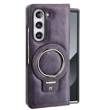 Imagem de MVVKKY Para Samsung Galaxy Z Fold6 Suporte de anel magnético Capa de couro Suporte de alumínio Carregamento sem fio Capa à prova de choque (para Samsung Galaxy Z Fold6/roxo)