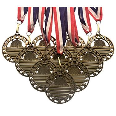 Imagem de Express Medals Pacote com 10 medalhões de prêmio de natação de metal fundido de 6 cm com acabamento em ouro antigo e fitas de pescoço vermelho, branco e azul