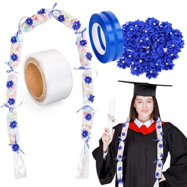 Imagem de Whaline Kit de fabricação de doces de graduação com tema de graduação azul, enchimento de guirlanda de doces, inclui sacos plásticos de 26,2 m, 50 peças, peças de flores, 3 rolos de fitas para