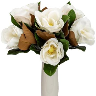 Imagem de 2 peças de flores artificiais de magnólia de 76 cm, toque real 3D, com duas cabeças grandes de 16 cm, ramo longo com folhas verdes para decoração de arranjos florais em casa, casamento, mesa