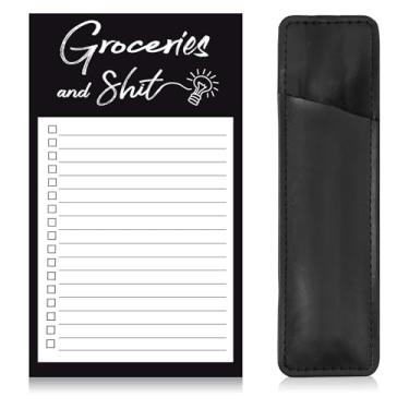 Imagem de Bloco de notas com ímã para geladeira com 1 suporte de caneta magnético para compras e listas (estilo listrado, preto)