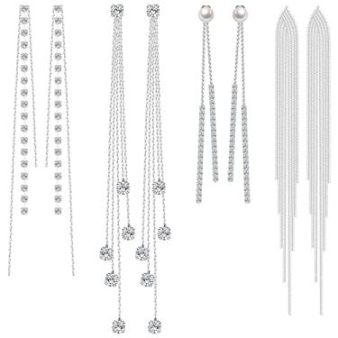 Imagem de 4 pares de brincos pendentes longos com borla brincos de corrente de metal prata brincos de strass de cristal falso joia formal de casamento para mulheres
