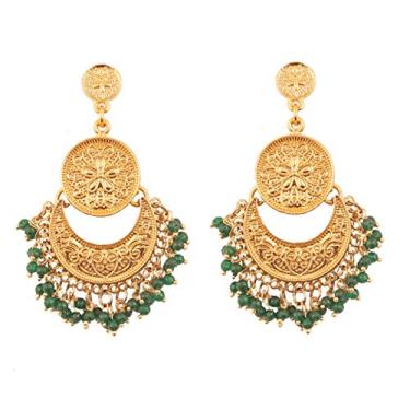 Imagem de Touchstone "Tribal Bohemian Chic" indiano Bollywood belas franjas e tema floral étnico sul indiano Chandbali lua designer de noiva lua brincos lustre para mulheres Verde