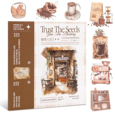 Imagem de RISYPISY Coffee Junk Journal Sticker Supplies, Washi Ephemera Sticker Book for Journaling Bullet Journal Supplies for Adults Arts Scrapbooking Bujo Collage Crafts, pré-cortado, 50 folhas