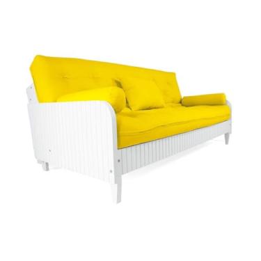 Imagem de Sofá Cama Paris Ripado Branco Sarja Amarelo Madeira Nobre