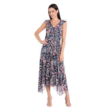 Imagem de R&M Richards Vestido feminino com babados em malha de jardim florido, Azul marinho/multi, 58