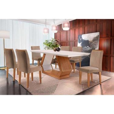 Imagem de Conjunto: Mesa Sala Jantar Alvorada c/ Tampo Madeirado Canto Reto 180x90cm e 6 Cadeiras Amsterdã Imbuia/Off White - Suede Capuccino - Rufato