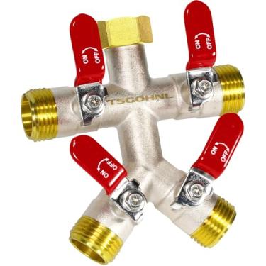 Imagem de TSGOHNL Divisor de mangueira de jardim de latão resistente, torneira externa resistente ao congelamento e ao sol, válvula de 4 vias, niquelada para resistência à ferrugem, 3/10.2 cm GHT (vermelho)