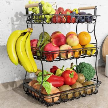 Imagem de Cesta de frutas de 3 camadas, camada de malha e 2 cabides de banana e cabo de madeira, tigela de frutas para balcão de cozinha, organizador de suporte retangular empilhável e destacável de frutas para