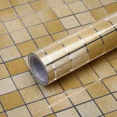 Imagem de Papel de Parede Adesivo Pastilha Mosaico Dourado 5 metros = 1 Rolo de 5m X 45cm Autocolante Cozinha Banheiro