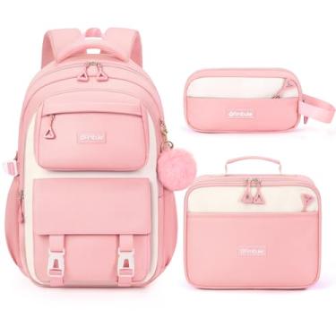 Imagem de Fimibuke Mochila infantil para meninas, 3 peças, mochila escolar com lancheira, bolsa de lápis para ensino fundamental, rosa