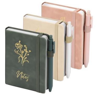 Imagem de Pacote com 3 cadernos de bolso, caderno pequeno A6 para anotações, cadernos para escrever, mini blocos de anotações, com suporte de caneta, 120 páginas, papel grosso de 100 g/m², geen, rosa, cáqui