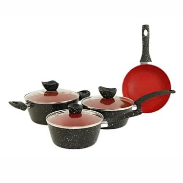 Imagem de Conjunto Panelas Antiaderente com Tampa de Vidro Kit 04 peças - Preto e Vermelho Durável Moderna