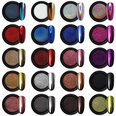 Imagem de Artdone 20 frascos de pó cromado metálico efeito espelhado holográfico Aurora camaleão 1 g/frasco para arte em unhas, esmalte em gel, sereia unicórnio mergulhando em pó