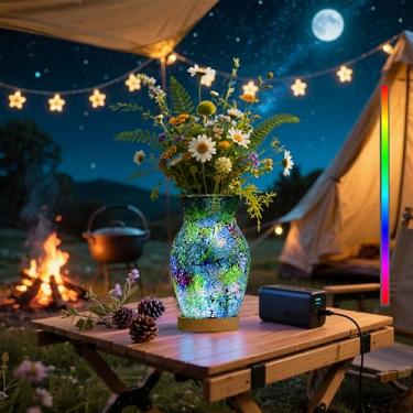 Imagem de ZHIPINHUI Candeeiro de cabeceira de vaso de gelo rachado feito à mão de 20 cm com base de madeira LED alimentada por USB, luz de humor RGB de ciclo automático, luz noturna USB de vaso roxo-verde para