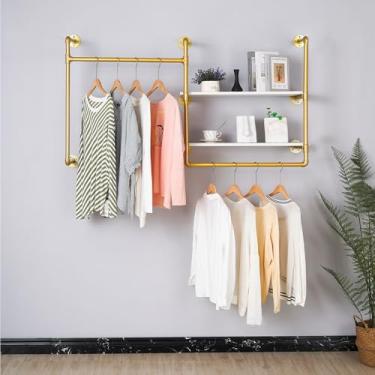 Imagem de EDCB Suporte de parede de tubo industrial com 2 prateleiras de madeira – Organizador de roupas de metal com haste dupla resistente para quarto/lojas de varejo, dourado (101 × 11,7 × 76,20 cm)