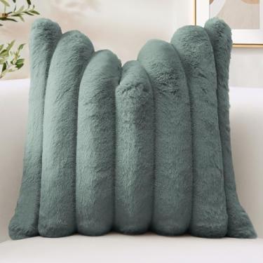 Imagem de OTOSTAR Capa de almofada cinza escuro de pele de coelho sintética 40,6 x 40,6 cm, macia e aconchegante, listrada, com parte traseira de veludo para sofá-cama, sala de estar