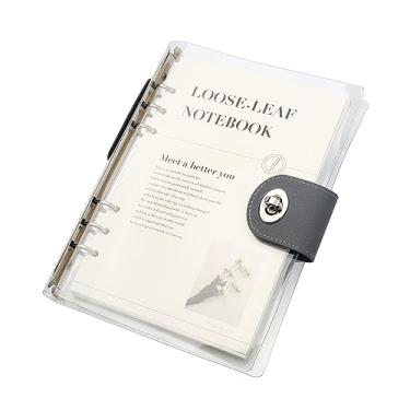 Imagem de Fichário de caderno recarregável A5 transparente com 90 folhas de papel forrado prata 6 anéis macio transparente capa protetora de folha solta para diário pastas com fecho de couro PU