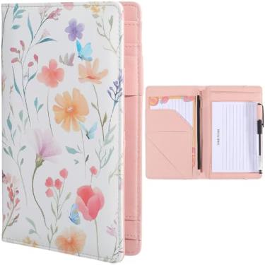 Imagem de CREATCABIN Pranchetas de couro PU com flores, pasta para portfólio, pasta, fichário, armazenamento com 5 bolsos, bloco de notas, fecho elástico e laço para caneta para conferências de negócios, bloco